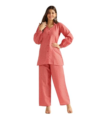 Image of DHRUVI TRENDZ Co Ord Set for Women Stylish | Ethnic Cotton Casual Cord Set | Stylish Summer Kurta & Pant Set | Casual Daily Outfit Night Suit for Women | Full Sleeve Top with Relaxed Fit Trousers