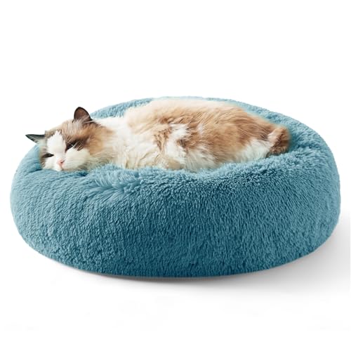 Image of Bedsure Calming Cat Beds for Indoor Cats - Small Cat Bed Washable 20 inches, Anti-Slip Round Fluffy Plush Faux Fur Pet Bed, Fits up to 15 lbs Pets, Washed Blue