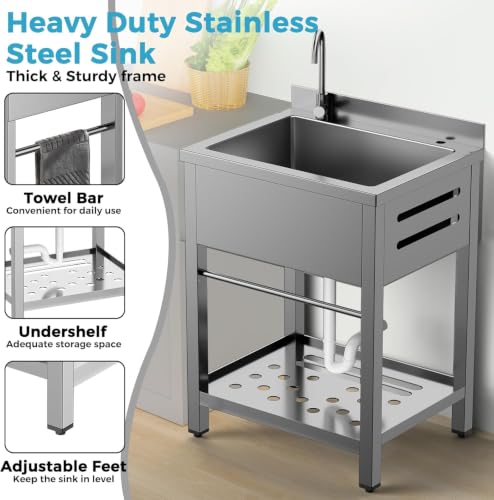 Image of Stainless Steel Utility Sink Freestanding Single Bowl Garage Sink | Shop Sink for Laundry Basement Garden Kitchen Outdoor, w /t Cold & Hot Water Lines, Rapid Drainage, 16 Gallon Large Capacity