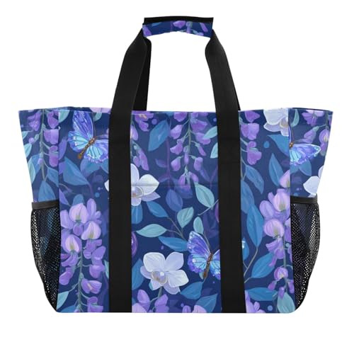 Blue Wisteria White Orchi Flowers Beach Tote Pool Bags for Women Ladies Large Waterproof Gym Tote Carry On Bag for Weekender Swim Gym Shopping Travel Daily Bag