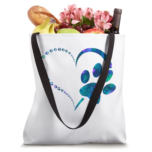 Bolsa tote con estampado de patas de perro y corazón en acuarela azul cian oscuro miniatura 4