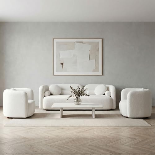 Image of Curved Sofa Set for Living Room, 3-Seater Upholstered Boucle Fabric Modern Sofa Set of 3 Piece Couch Set Minimalist Sofa with Oversized Single Sofa Chair Modern Sofa Set Home Bedroom Office White