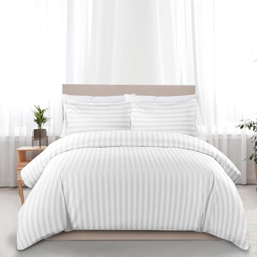 Sapphire Textile Egyptian Cotton Duvet Cover Bedding Set 400 Thread Count Satin Stripe Quilt Cover With Pillowcase Hotel Quality with Easy Closure (White Double)