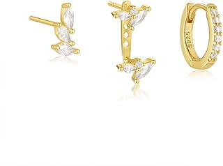fashion mania Dainty Earrings Set for Women, Gold Shiny CZ Hoop Stud Earrings Set, 14K Gold Plated Earring Stacks Hypoallergenic Lightweight No Tarnish No Lead&Nickel