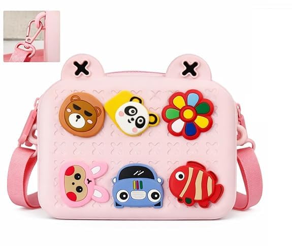Prime Brands Cartoon Soft Silicone Crossbody Bag for Kids – Waterproof Anti-Fall Shoulder Purse with Adjustable Strap | Cute Animal Design Lightweight Handbag for Girls | Stationery & Snack Storage