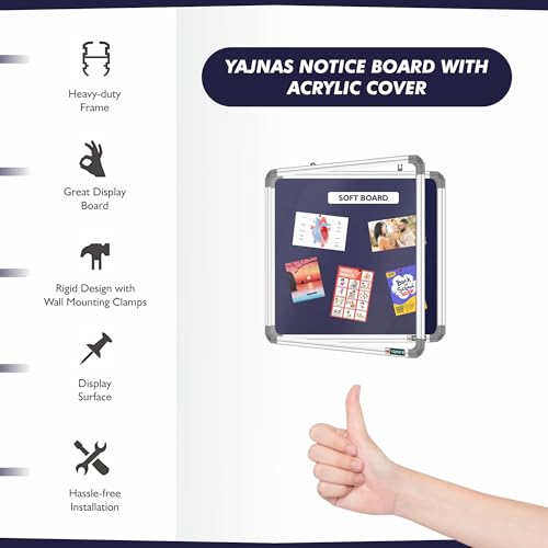 Image of YAJNAS 2x2 Feet Premium Material Blue Designed Notice Board with Acrylic Door /Soft Board /Bulletin Board /Pin-up Display Board for Study Room, Office, School & Home Use