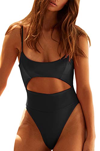 QINSEN Women High Waisted Swimmsuit Adjustable Strap Hollow Out Cheeky One Piece Swimwear Black M