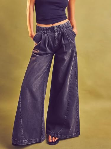Hotian Women's High-Waisted Wide Leg Stretchy Denim Pants