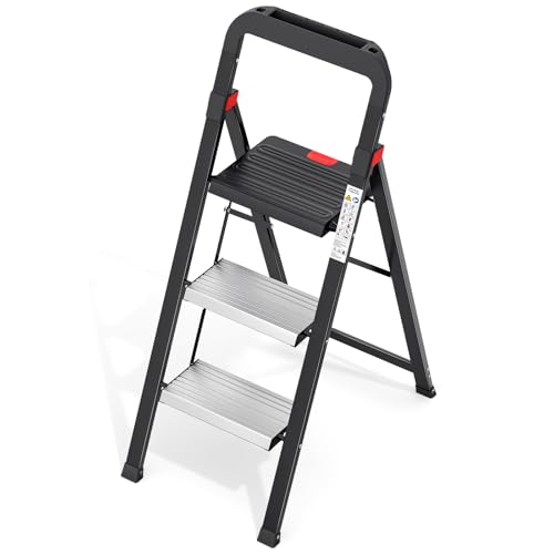Urackify Escalera 3 Peldaños Plegable con Bandeja para Herramientas, Pedales Antideslizantes de Aluminio, Bloqueo de Seguridad, Carga hasta 150kg, Taburete Portátiles Ligeras, para Hogar Cocina Garaje