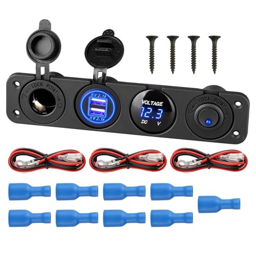 Linkstyle 4 in 1 Charger Socket Panel, Dual 2.1A USB A Ports, Cigarette Lighter Socket, LED Voltmeter & Rocker Switch for 12V/24V Car
