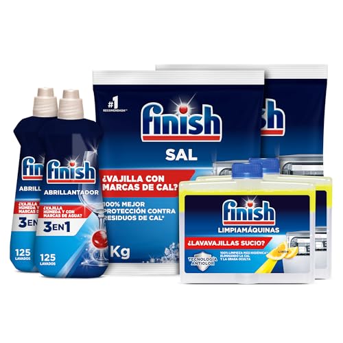 Pack Finish - 2 x Sal 1 Kg, 2 x Abrillantador Lavavajillas 500 ml y 2x Líquido para Lavavajillas Lemón 250 ml