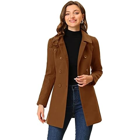 Allegra K Women's Peter Pan Collar Double Breasted Winter Long Trench Pea Coat Dark Brown M Cover