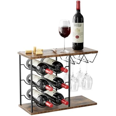 Nuovoware Wine Racks Countertop, Wine Bottle Holder for 6 Bottles & 4 Glasses Holder, Metal Wine Storage Organizer for Kitchen, Bar, Table, Cabinet, Wine Cellar, Wooden Cover