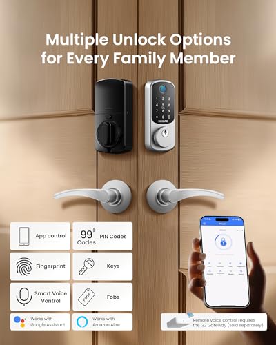 Image of DESLOC B200 Fingerprint Smart Lock with 2 Lever Handles, Keyless Entry Front Door Lock Set, Electronic Keypad Deadbolt, App Control, Auto Lock, Long Battery Life,Silver