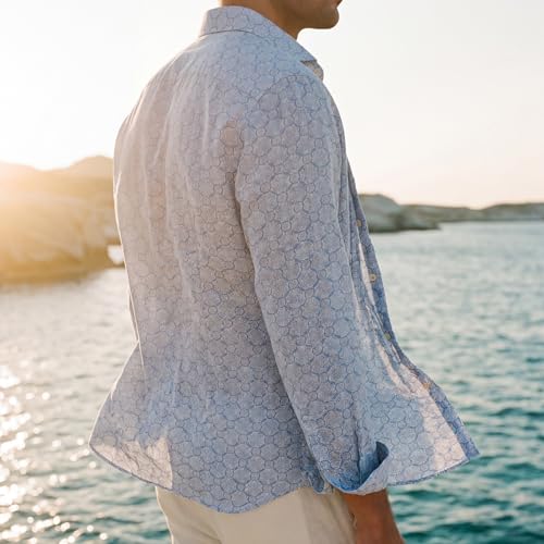 Image of SWIMS Santorini Men's Long Sleeve Linen Stretch Button Down Shirt | Lightweight breathable shirt for vacation, resort wear, travel and beach