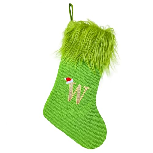MOJDIOSM Green Christmas Stockings with Initials, 18” Knit Monogram Christmas Stockings with Golden Letter, Large Personalized Christmas Stocking for Christmas Tree Fireplace Home Decor