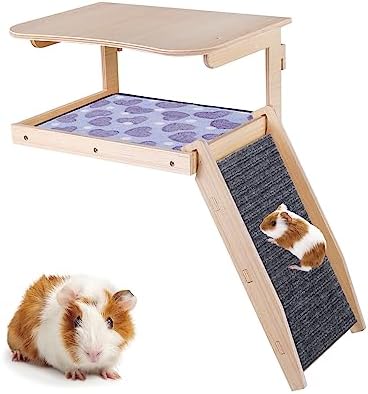 Vehipa Wooden Guinea Pig Hideout, Detachable Guinea Pig Platform with Stairs and Mat, Guinea Pig House for Hamster Bunny and Chinchilla on Cages