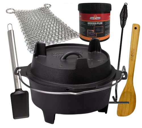 Grillfürst Dutch Oven ca. 12 Liter - stabil stehender Feuertopf durch speziell entwickelte T-Füße, hitzebeständiger Gusseisen Topf, Deckel als Pfanne nutzbar, DO 12