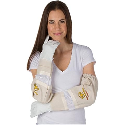 Beekeeping Gloves X-Large Ventilated Sleeves - Elastic Sting Proof Gauntlet Cuffs ★ Genuine Cow Leather ★ Long Thick Sleeves ★ Apiary Vented Bee Gloves ★ Professional or Beginning Beekeeper Cover