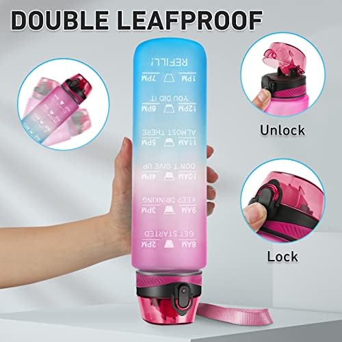 Binudum Water Bottle 1L BPA Free Tritan Sport Drink Bottle Motivational Water Bottle with Straw Leakproof Non-Toxic for Gym, Outdoors, Cycling, School & Office (Pink Blue)