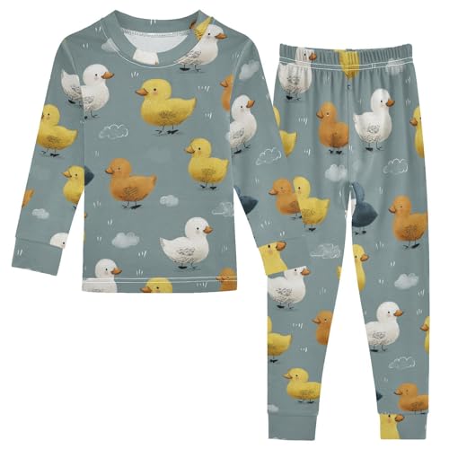 Pajama Sets Long Sleeve Cute Ducks Walking Pattern Soft Comfy Sleepwear 2 Piece PJS 3-8T
