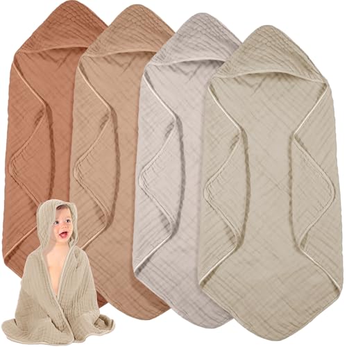 Peryiter 4 Pcs Muslin Hooded Baby Towels,Brown Series