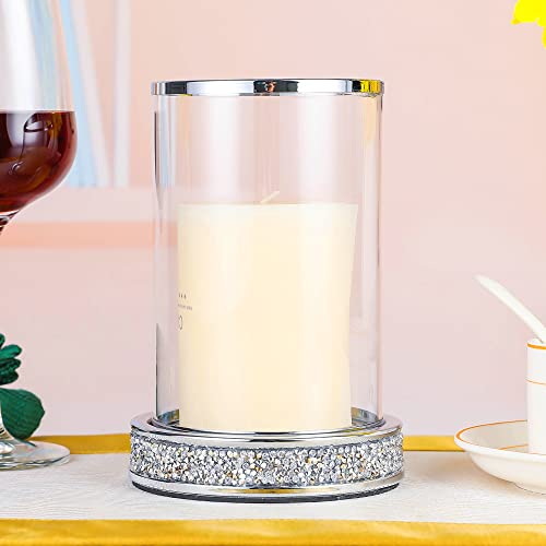 2Pcs Tea Light Taper Candle Stand Candlesticks With Hurricane Cover, Clear Crystal Glass Pillar Candle Holder With Rhinestones Band, Weighted Base For Christmas Decorations Table Centerpiece Silver #TOP4