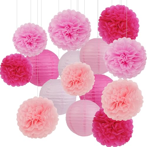 Pink Birthday Party Decorations Paper Lanterns and Pom Poms 15pcs Set