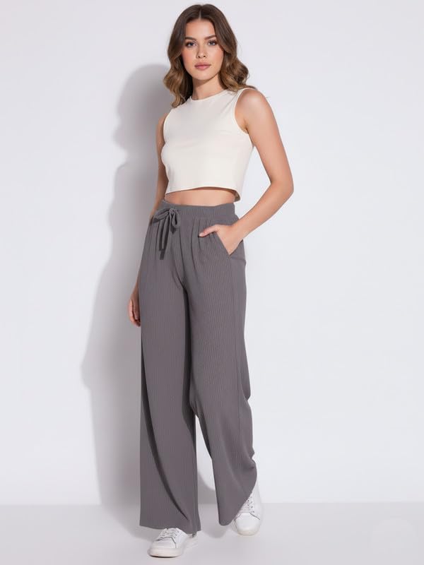 Image of DTR FASHION Women's Solid Lining Stretchable Cotton Blend Casual Wide Leg Trouser