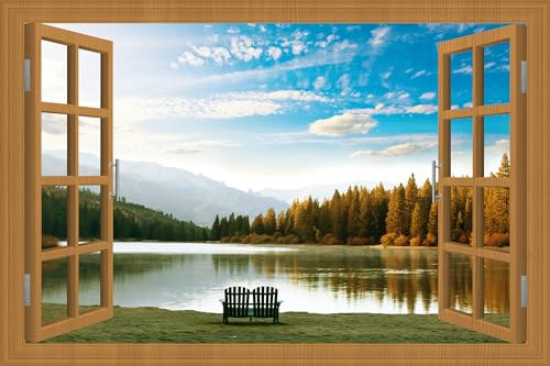 WRIGAEL Fake Window for Walls Faux Window Decal Windows Poster Picture Open Window Wall Art Decor, Stick and Peel Wallpaper Nature Wall Decol Riverside Scene Mural, 32"x48"
