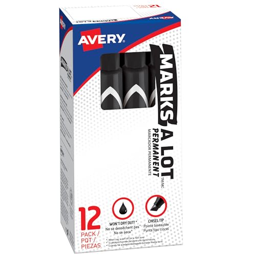 Avery Large Black Permanent Marker with Thick Chisel Tip for Calligraphy, Fabric, Desk Work, Pack of 12 (08888)