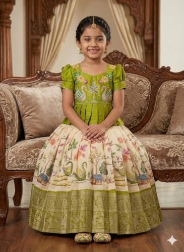 Image of White Button Girls' Ethnic Peplum Top and Jacquard Langa Voni type Lehenga Choli Set- Traditional Outfit