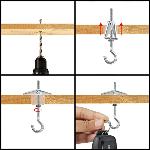 BELLE VOUS 15 STK Karbonstahl Federklappdübel mit Haken - M5/50 mm Hochleistungs Trockenbau Dübel - Schraubhaken mit Dübel für hängende Pflanzen, Gipskarton