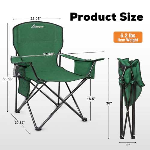 Image of Camping Chairs for Adults, 2 Pack Heavy Duty Folding Chair with 4-Can Cooler Bag, Portable Outdoor Chair with Cup Holder, Collapsible for Tailgating, Beach, Fishing, Green