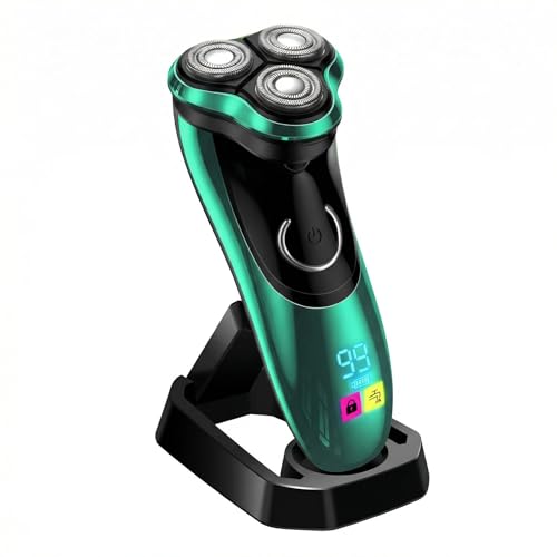 Electric Razor for Men, Cordless Rechargeable 3-Head Rotary Shaver with Charging Stand, Wet & Dry IPX7 Waterproof, Built-in Pop-Up Trimmer