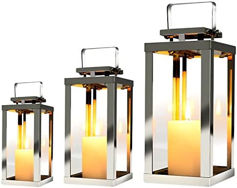 EQURROY Set of 3 Stainless Steel Decorative Candle Lanterns 25.7''&18.2''&11.8'' High Metal Candle Holder with Explosion-Proof Glass Home and Wedding Decoration (Silver)