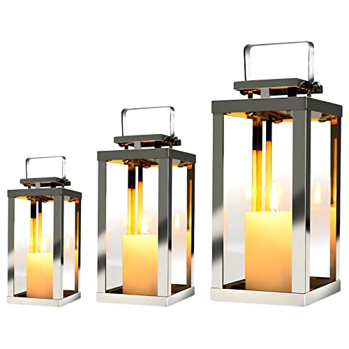 Equrroy Set Of 3 Stainless Steel Decorative Candle Lanterns 25.7''&18.2''&11.8'' High Metal Candle Holder With Explosion-Proof Glass Home And Wedding Decoration (Silver) #TOP27