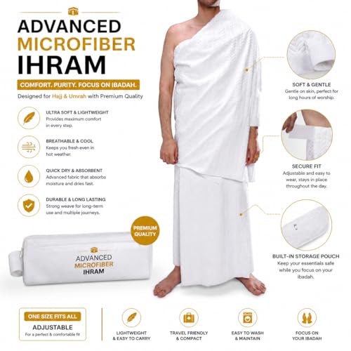 Advanced Microfiber Hajj & Umrah Ihram Set with Slippers, Belt, Hygiene Kit & Travel Essentials | Complete Pilgrimage Package for Men (43)