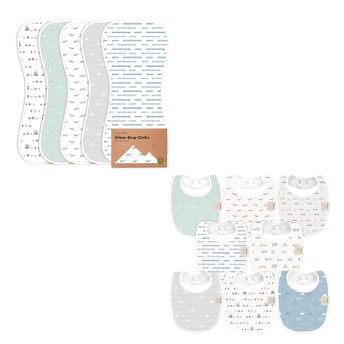 KeaBabies 5-Pack Burp Cloths for Baby Boys and Girls and 8-Pack Baby Bibs for Girls & Boys - Ultra Absorbent Burping Rags, Drooling and Teething Bibs for Kids, Infant, Toddlers