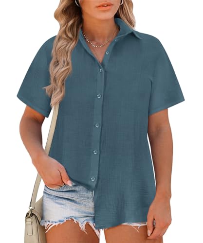 RITERA Womens Plus Size Tops Button Down Roll-Up Cuffed Short Sleeve T-Shirt Navy Blue Blouses Collared Shirts Summer Beach Cotton Tops Wrinkle Free Blouse Lightweight Tunics Casual 3XL 22W 24W