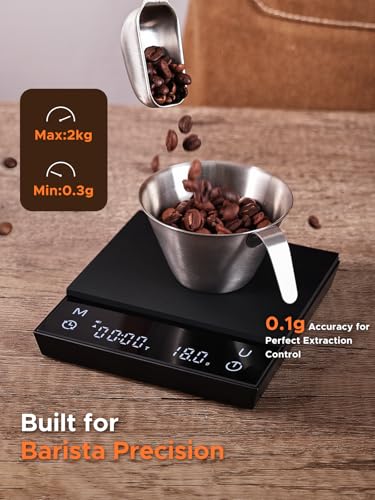 Image of Coffee Scale with Auto Timing, Rechargeable Espresso Scale with Timer, Ratios & Flow Rate Display, 3 Modes, Barista-Grade for Pour-Over, French Press - 2kg /0.1g, Black