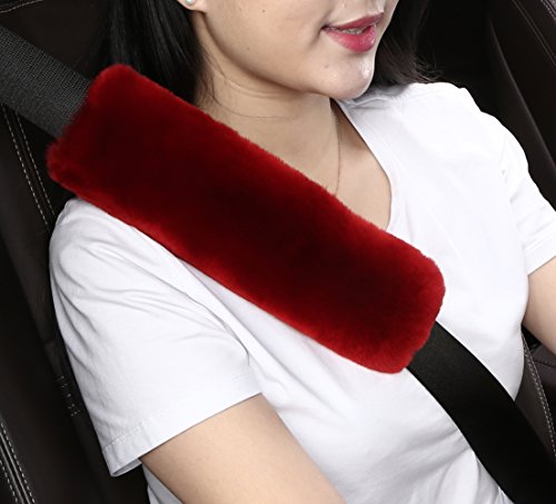 Dotesy Auto Genuine Sheepskin Seat Belt Cover,Universal Fuzzy Pure Wool Car Seatbelt Cover Shoulder Pads for Adults Kids Children,Safety Belt Strap Chest Protector Neck Cushion,Red