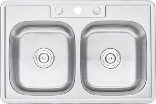 CozyBlock 33 inch Topmount Drop-In Stainless Steel 18 Gauge Double Bowl 50/50 Kitchen Sink w/ 3 Faucet Holes (Sink Only)