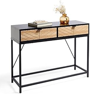 VonHaus Chevron Console Table - Black & Light Wood Effect Hallway Table - Modern 2 Drawer Entryway Table - Industrial Hall Table w/Metal Frame - Storage for Living Room & Lounge - Dalton