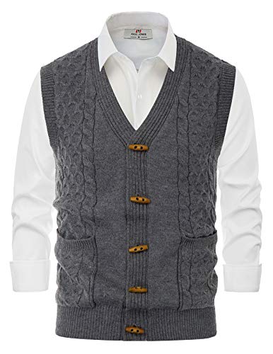 PJ PAUL JONES Men V-Neck Sweater Vest Wood Button Cardigan Sweater Vest with Pockets Grey, XX-Large