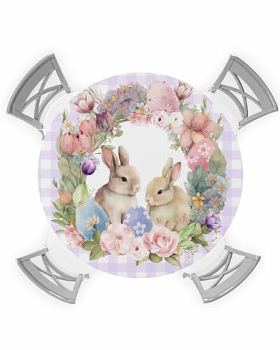 SODIKA Easter Table Cover, Round Fitted Tablecloth with Elastic Edged, Easter Retro Bunny Table Cloth, Waterproof Wipeable Table Covers for Picnic Camping Dining Indoor and Outdoor