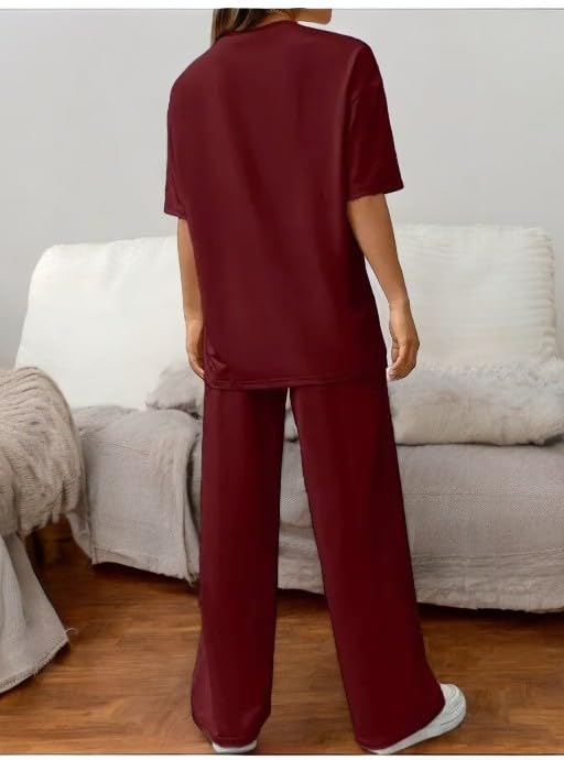 Image of My Swag Women Casual T-Shirt & Trouser Co-Ords Set Half Sleeve Loose-Fit Summer Cord Set 2 Piece Black Outfit Pajama Set for Women & Girls