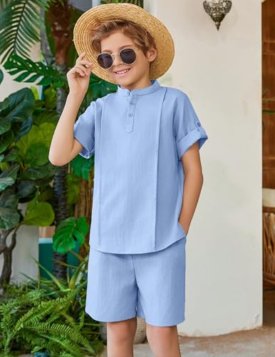 Image of Arshiner Boy's 2 Pieces Linen Sets Short Sleeve Henley Shirt and Shorts Summer Beach Matching Outfits 4-12 Years