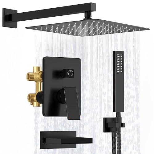Kurpot Shower System with Tub Spout, All Metal Matte Black Shower Faucet Set with Valve, 10'' Rain Shower Head with Handheld Spray, 59'' Shower Hose and Diverter, Wall Mounted Bath Tub Faucet Set