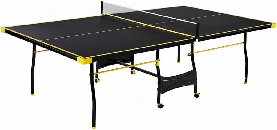 Black/Yellow Folding Indoor Ping Pong Table, 4-Piece Foldable Top with 4 Wheels, Portable Table Tennis Table with 2 Paddles, 2 Balls & Net/Post Set – Easy Storage, Great